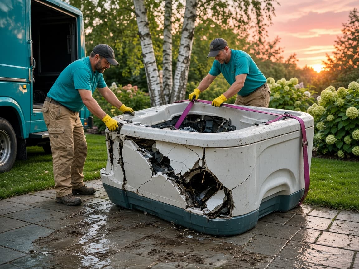 Two crew members hauling a dismantled hot tub from a Michigan backyard in summer light